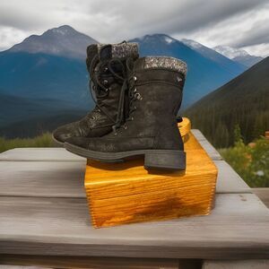 Roxy Amhurst‎ Faux Leather Sherpa Lined Lace Up Boots Women's Moto 6.5 Y2K